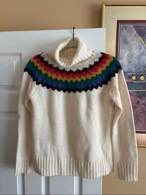 Hudson Jeans Cream Turtleneck Sweater with Rainbow Chevron Yoke